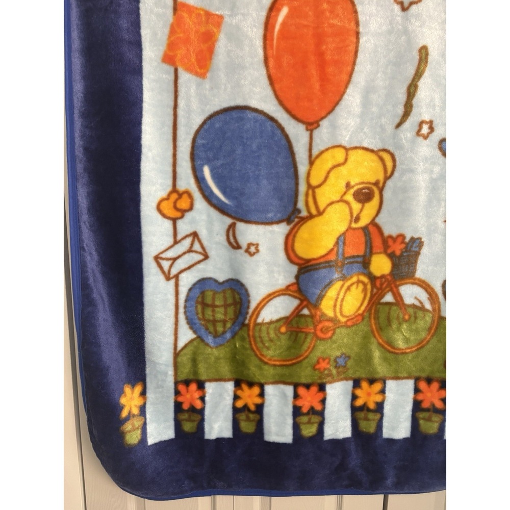 Vintage Baby Blanket‎ Mink Plush Deep Blue Teddy Bear Riding Bicycle 52"x40" - Picture 4 of 10